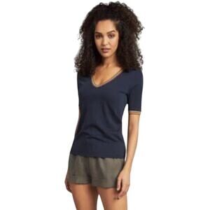 LEO & SAGE V-neck Cotton Blend Knit Top w/ Gold Hem & Trim - Size S